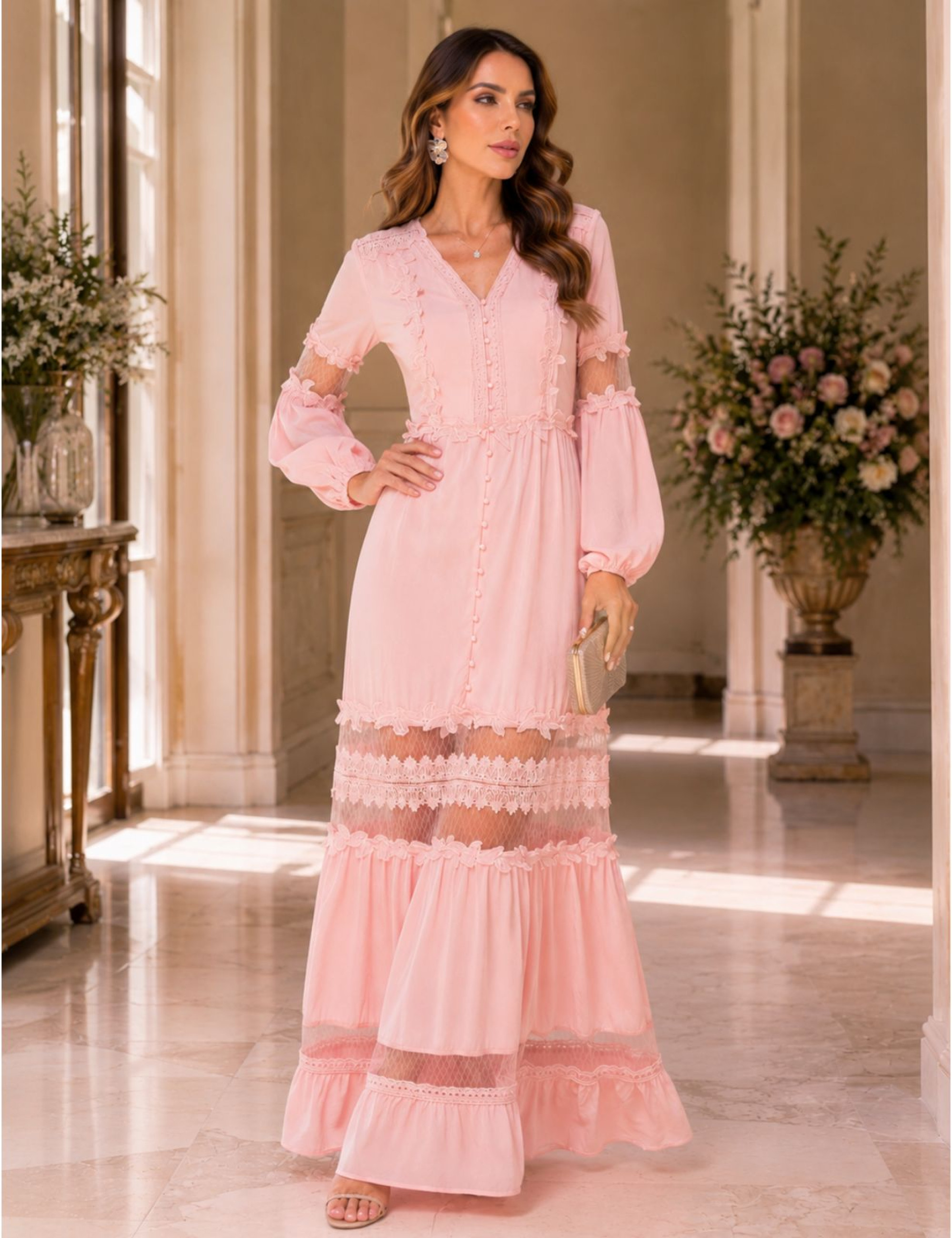 Vestido Detalhes Renda Brigitte Rosa