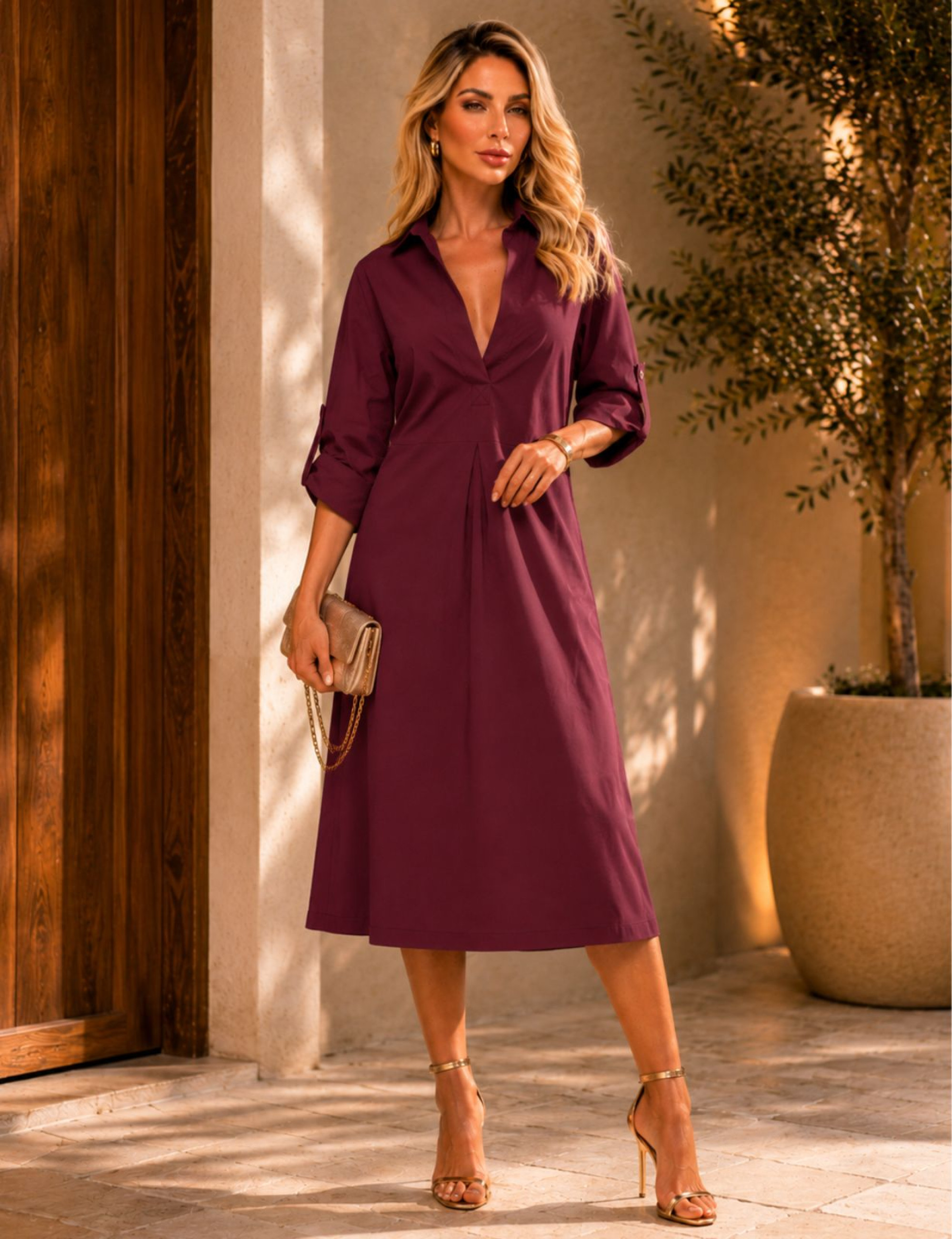 VESTIDO MIDI CHEMISE ANGELINA MARSALA