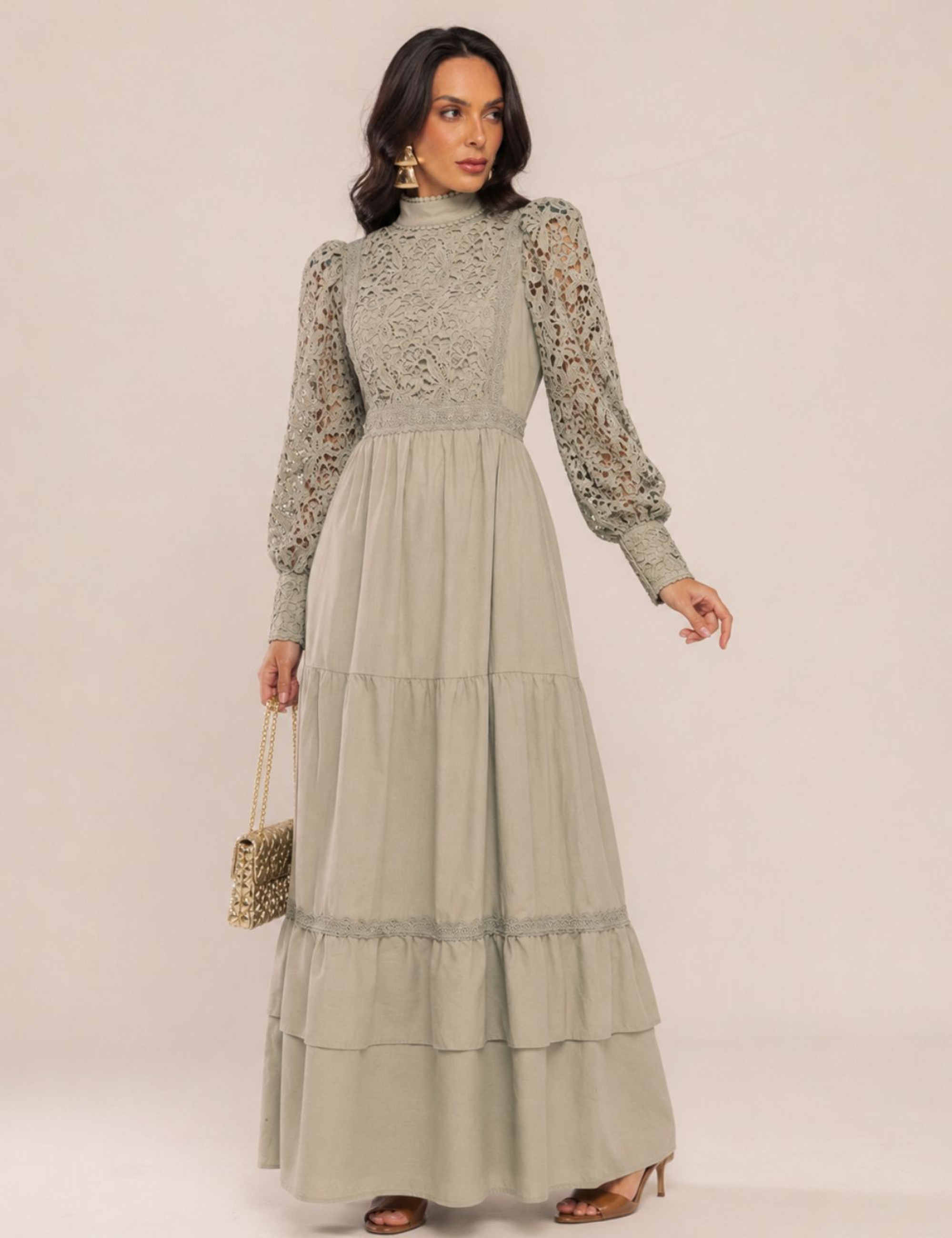 VESTIDO COM RENDA AGNES VERDE OLIVA