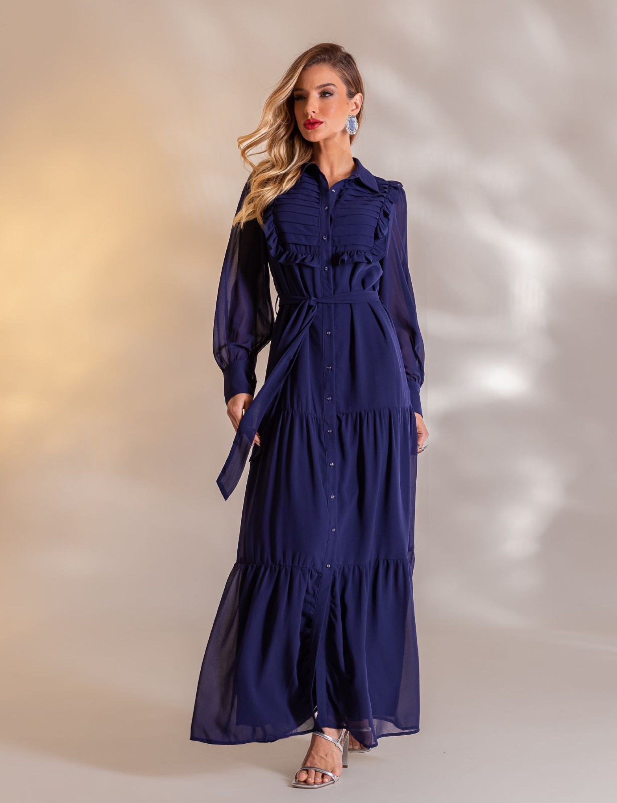VESTIDO LONGO COM BABADO CAMILLE AZUL MARINHO