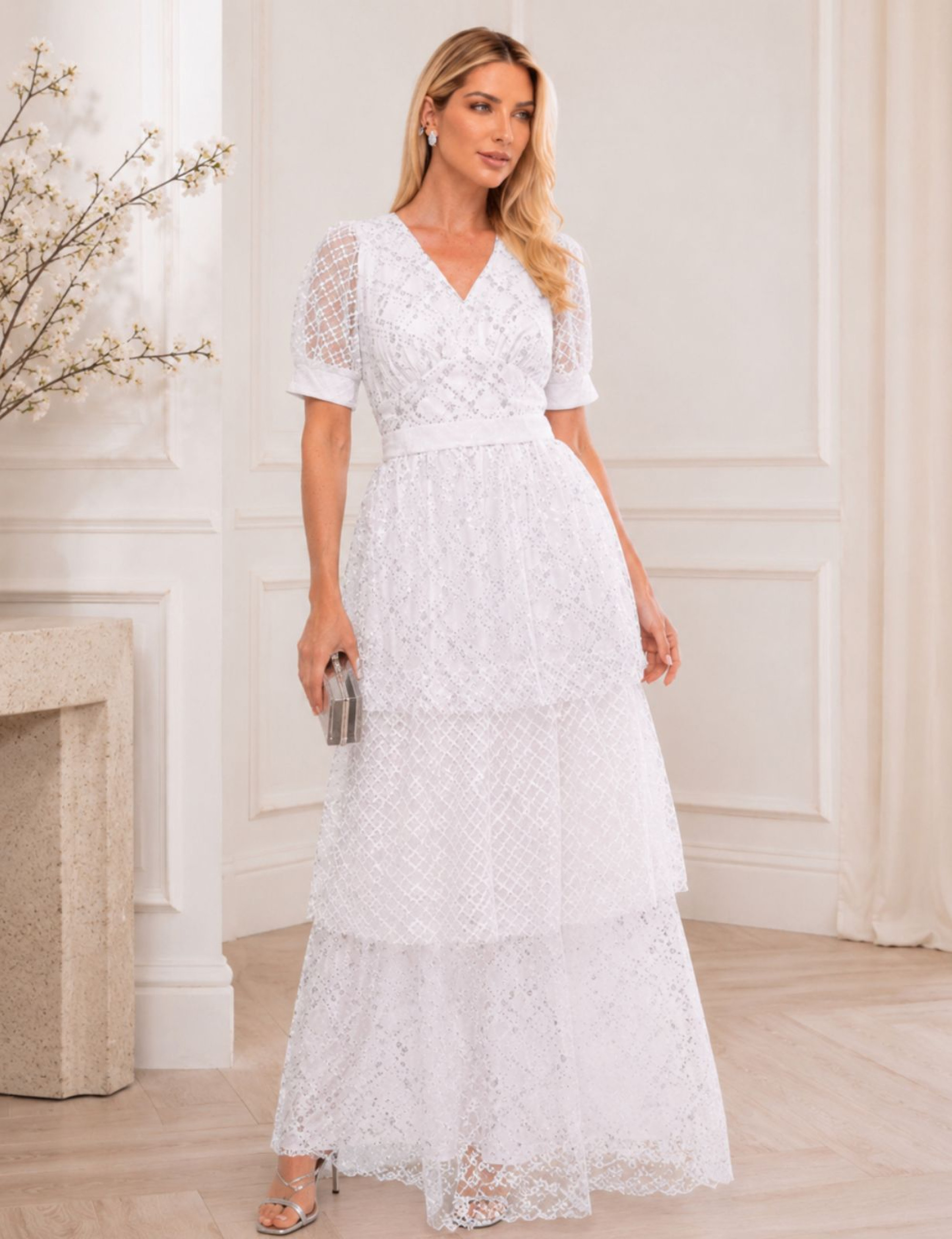Vestido Tule Paetê Tassia Off White