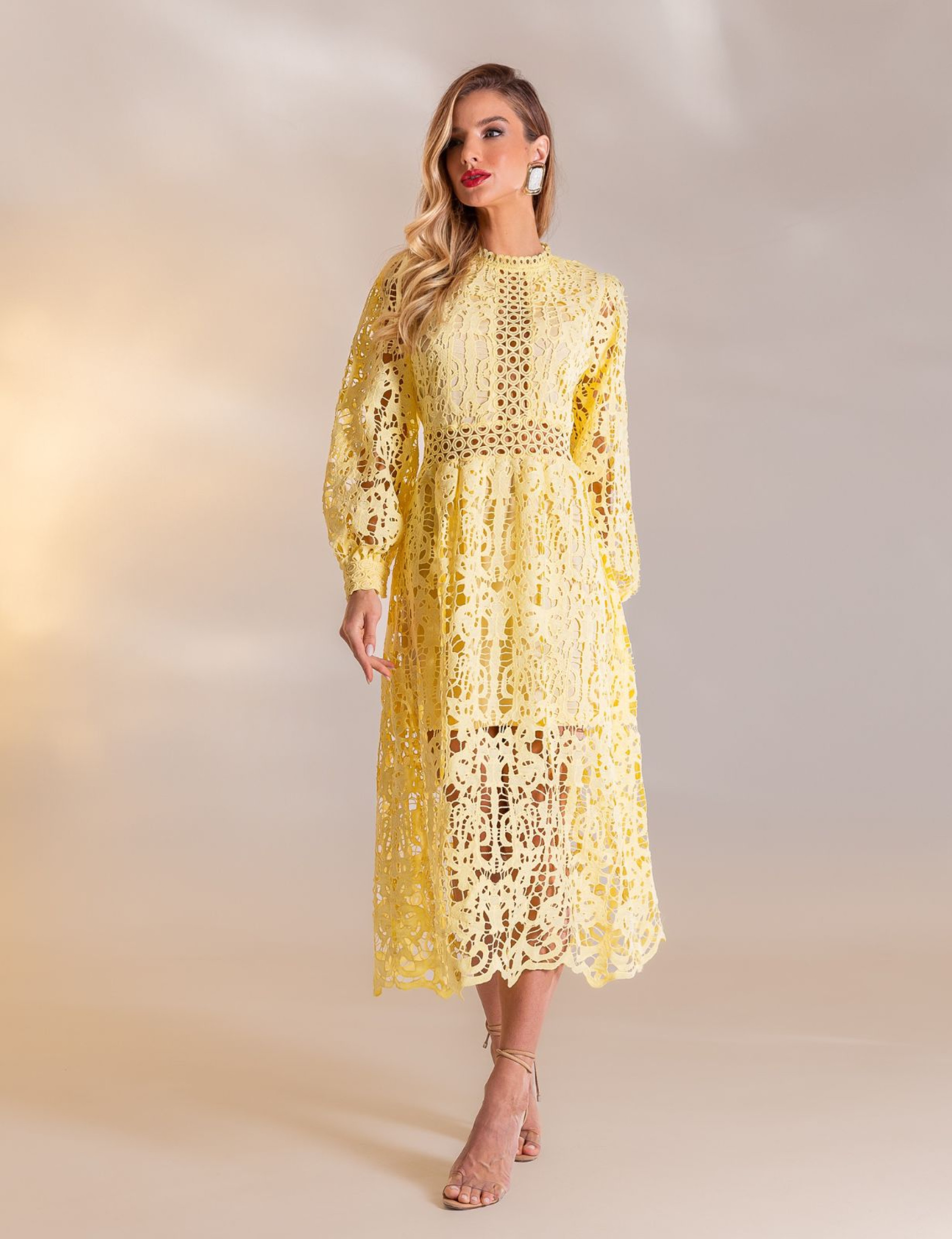 VESTIDO MIDI GUIPIR FLORA AMARELO