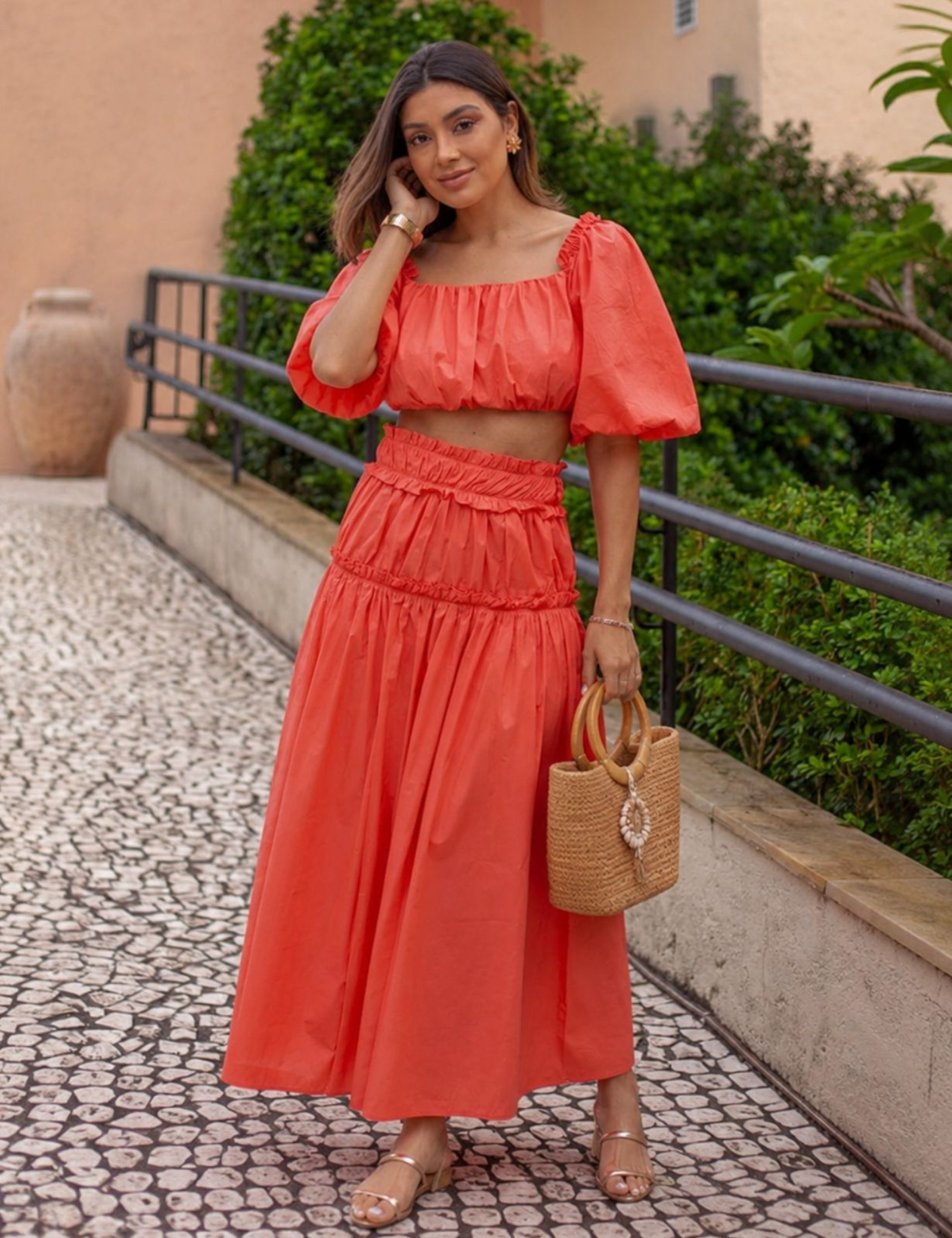 Conjunto Tricoline Franzido Rebeca Laranja