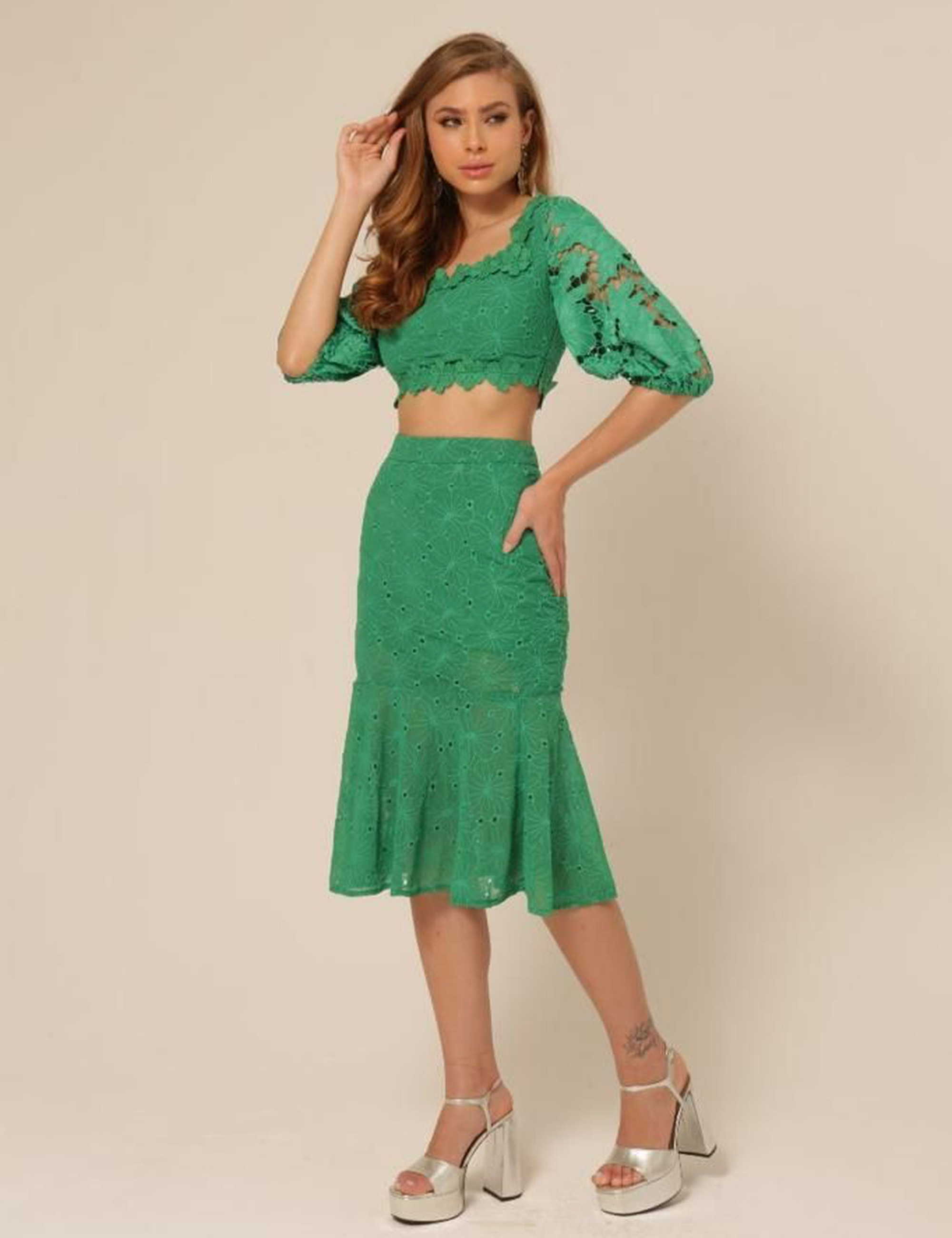 Conjunto Renda Floral Maria Verde