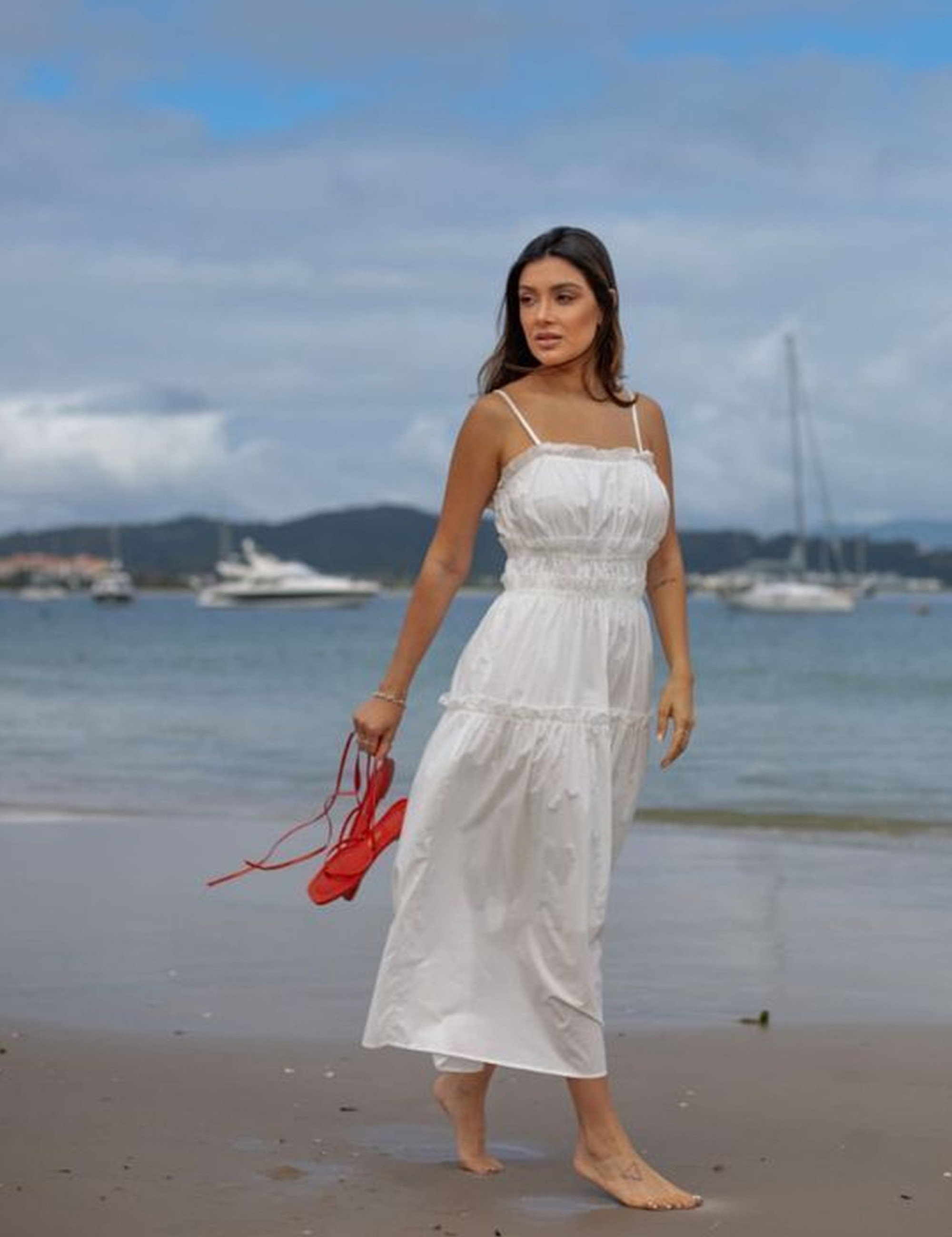 Vestido Tricoline Franzido Bella Branco