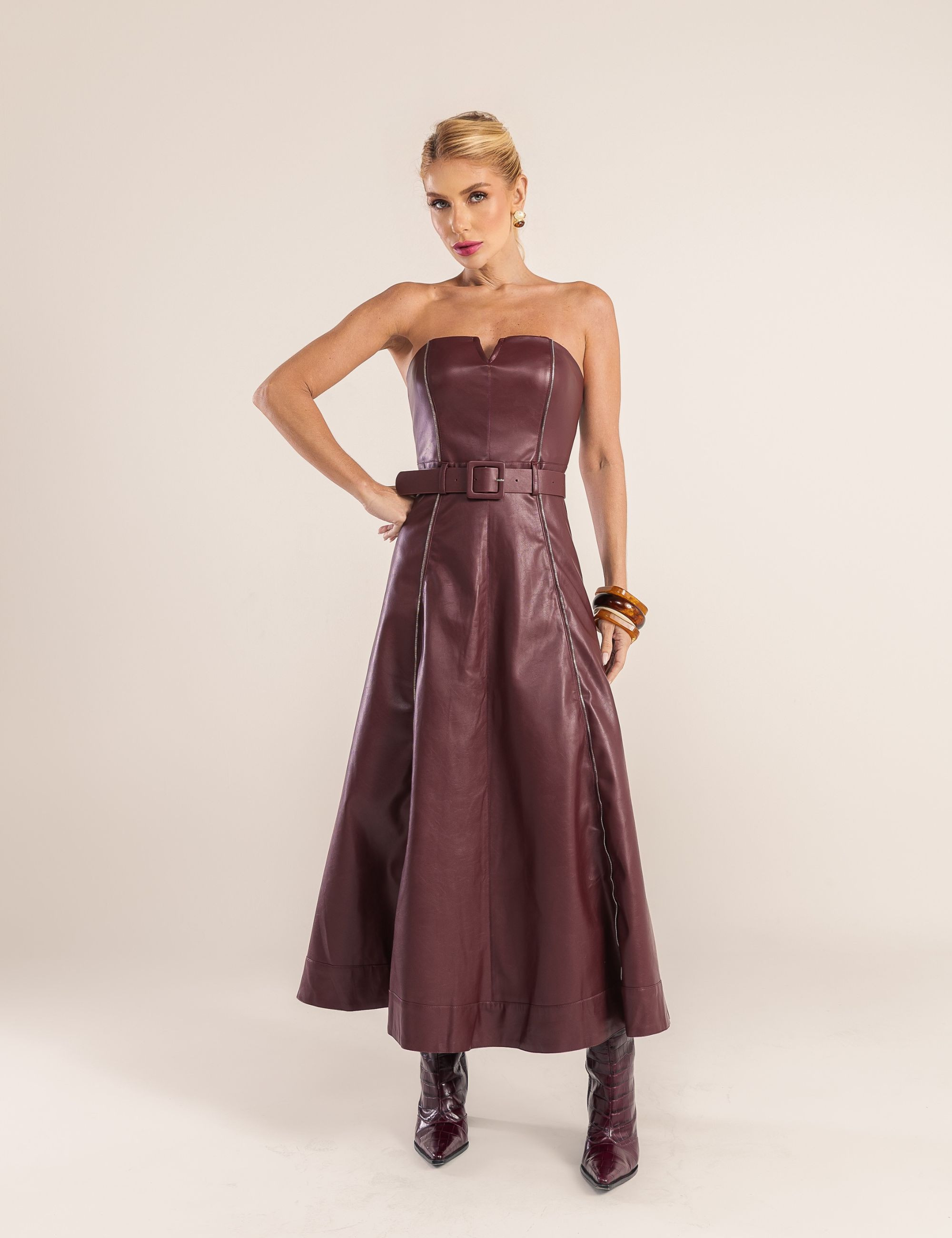 VESTIDO COURO PU  ZÍPER CAROL VERDE VINHO