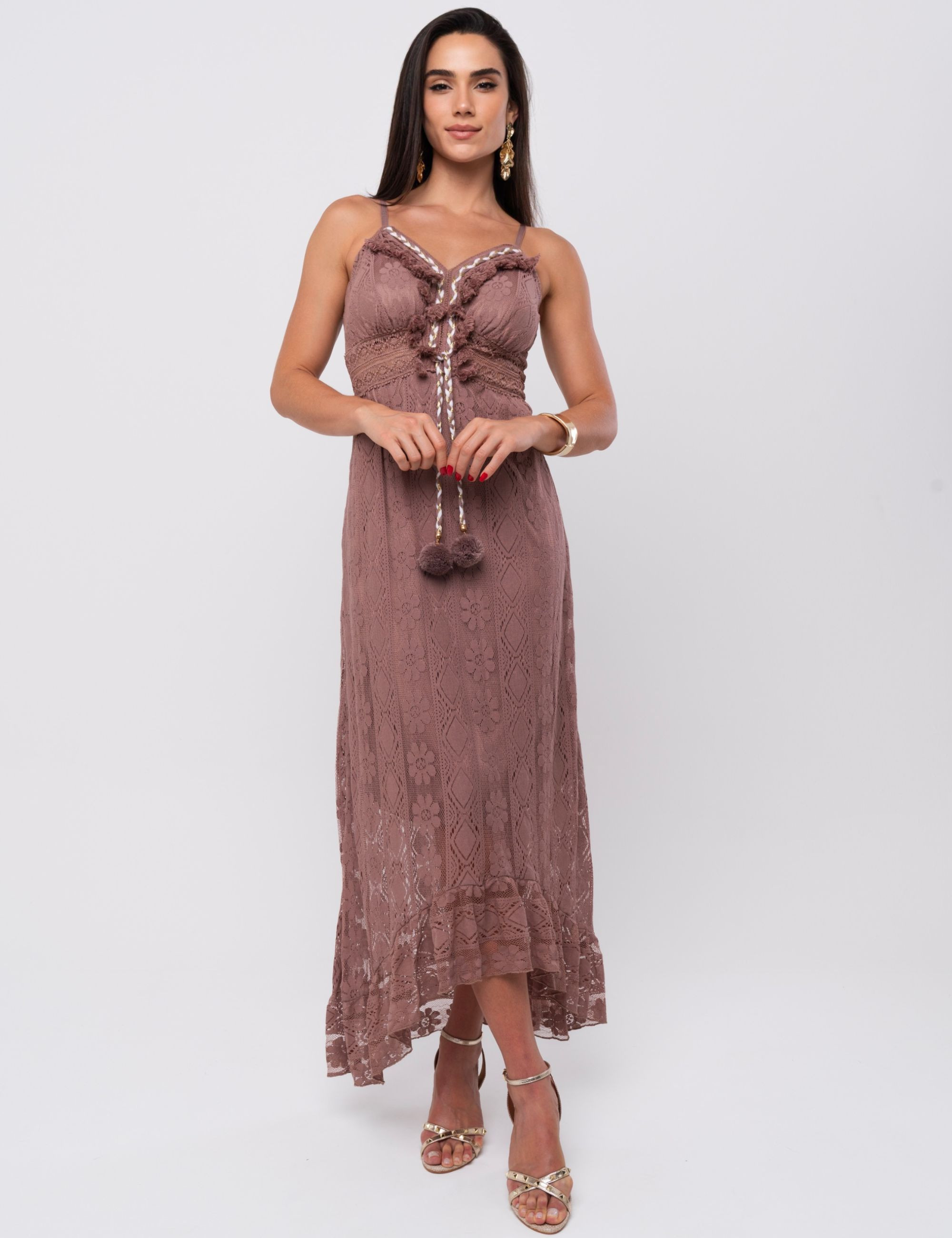 Vestido Renda Longo Leah Marrom