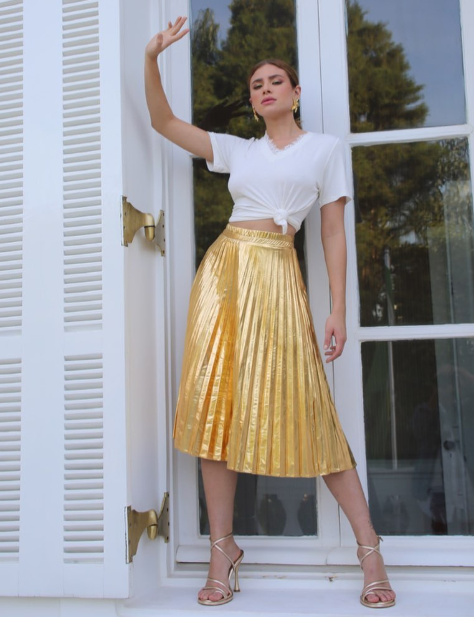 Saia Plissada Metalizada Serafina Dourado