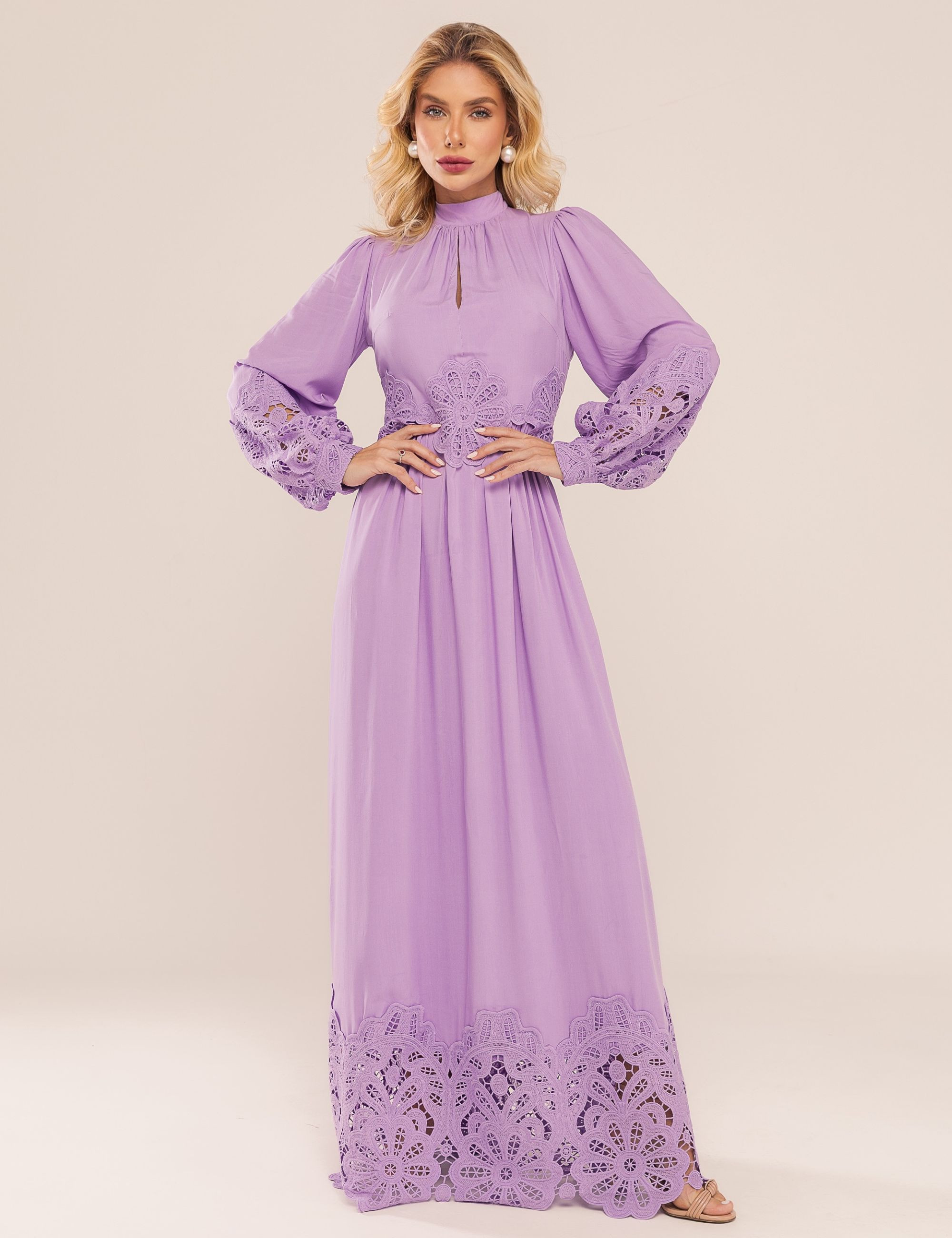 VESTIDO MIDI COM RENDA LIRA LAVANDA