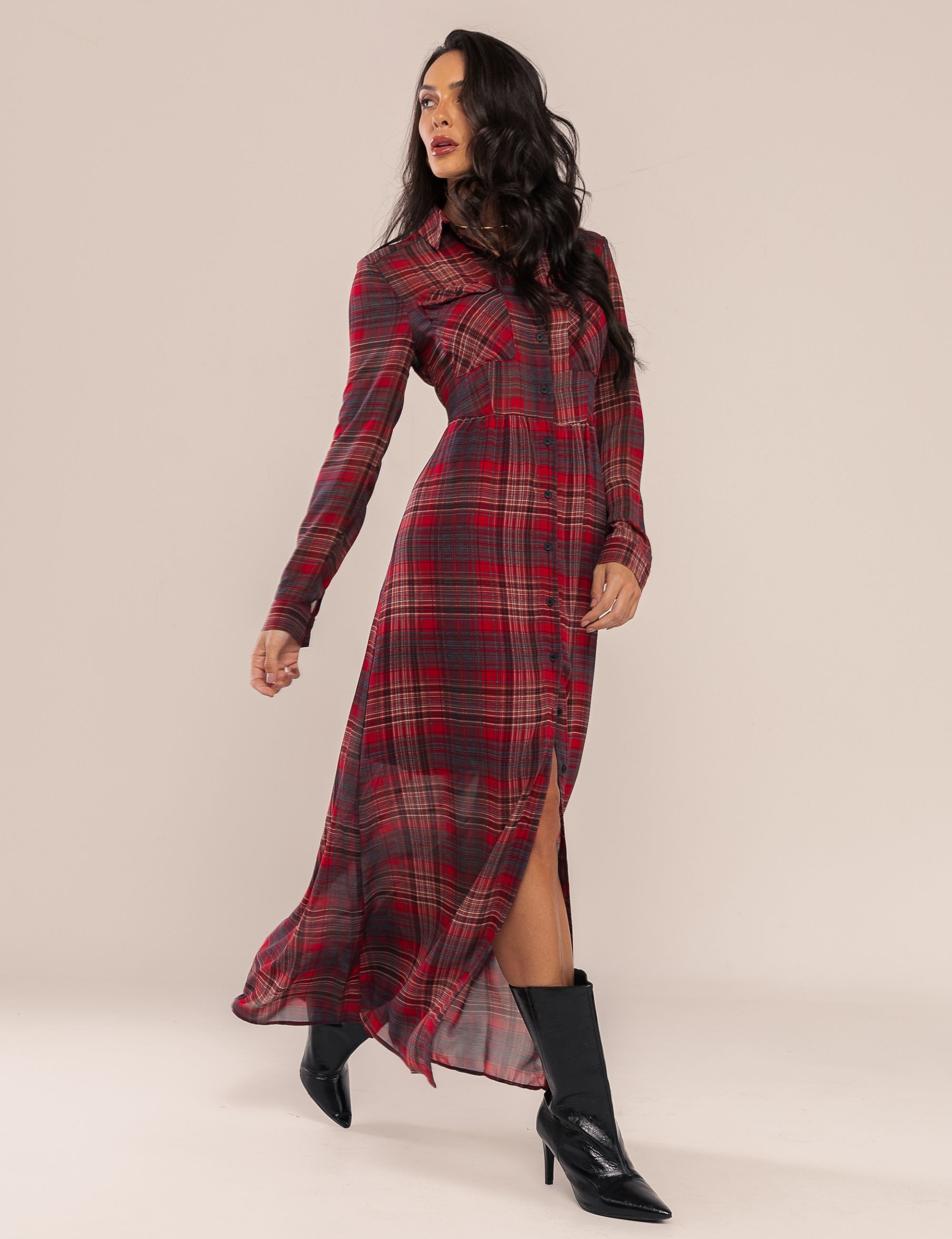 VESTIDO LONGO XADREZ SORA VINHO
