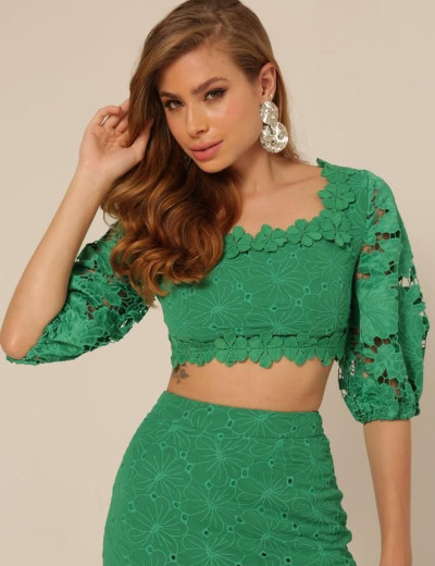 Conjunto Renda Floral Maria Verde