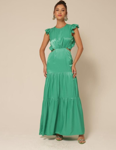 Vestido Cetim Babados Agatha Verde