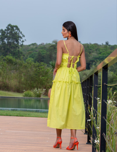 Vestido Tricoline Franzido Bella Verde Neon