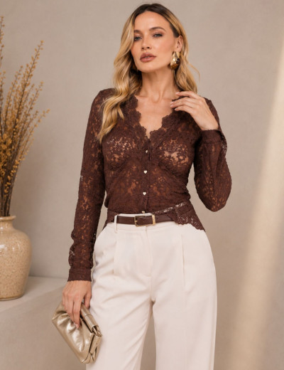 CAMISA EM RENDA ALESSANDRA MARROM