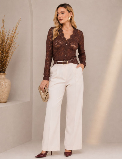 CAMISA EM RENDA ALESSANDRA MARROM