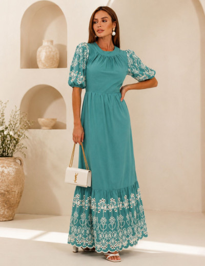 VESTIDO BARRADO BORADADO EVE TURQUESA