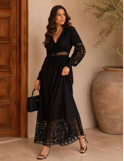 Vestido Longo Bordado Manu Preto