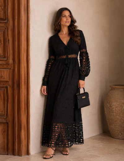 Vestido Longo Bordado Manu Preto