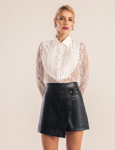 SHORTS SAIA DE COURO PU MINA PRETO