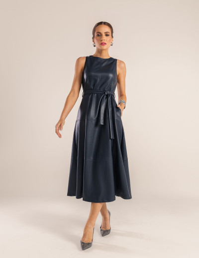 VESTIDO COURO PU RECORTES YUNA AZUL MARINHO