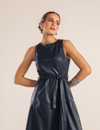 VESTIDO COURO PU RECORTES YUNA AZUL MARINHO