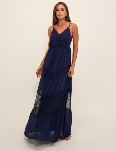 VESTIDO LONGO CREPE MELINA AZUL MARINHO
