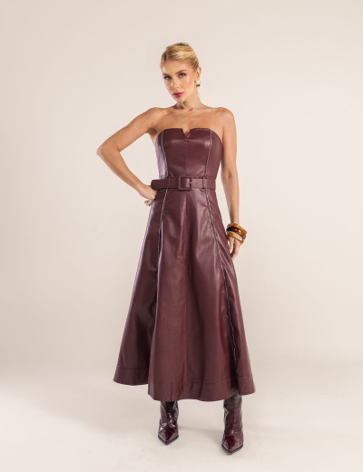 VESTIDO COURO PU  ZÍPER CAROL VERDE VINHO