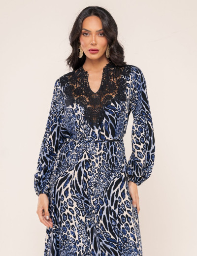VESTIDO ANIMAL PRINT JASMIM AZUL MARINHO