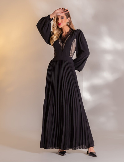 VESTIDO LONGO PLISSADO SOPHIE PRETO