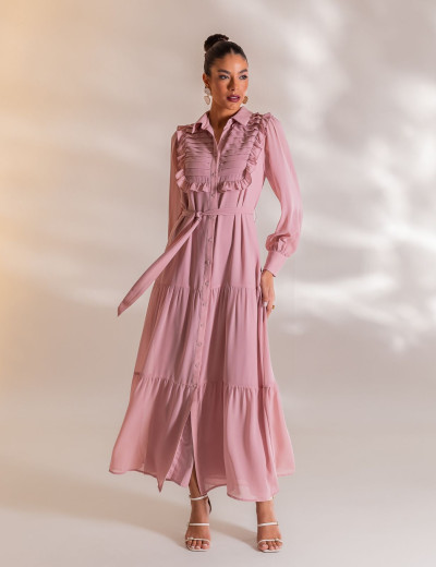 VESTIDO LONGO COM BABADO CAMILLE ROSA
