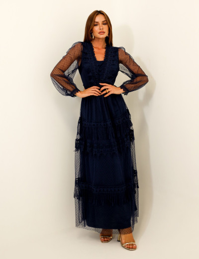 VESTIDO TULE POÁ PETRÍNIA AZUL MARINHO