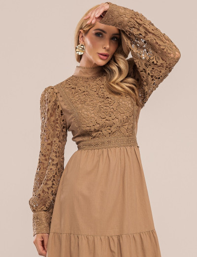 VESTIDO COM RENDA AGNES CAQUI