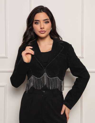 Jaqueta Cropped Strass Giulia Preto