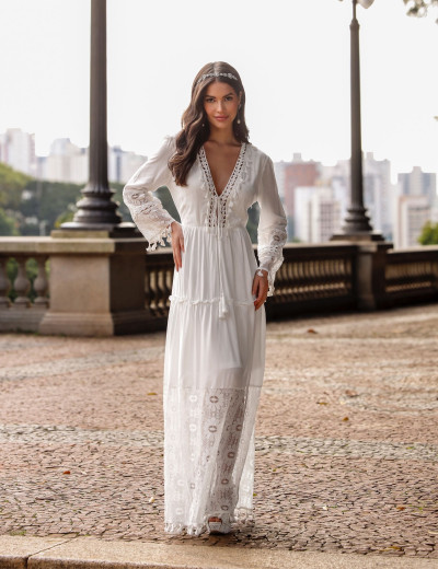 Vestido Longo Franjas Isla Off White