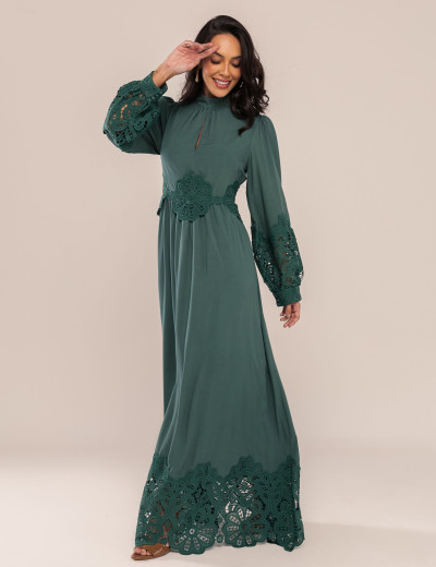 VESTIDO MIDI COM RENDA LIRA VERDE
