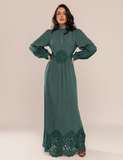 VESTIDO MIDI COM RENDA LIRA VERDE