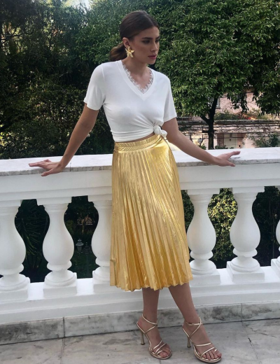 Saia Plissada Metalizada Serafina Dourado
