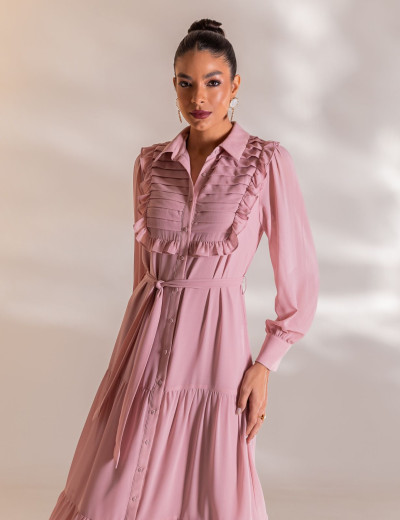VESTIDO LONGO COM BABADO CAMILLE ROSA