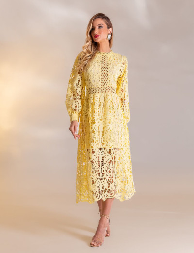 VESTIDO MIDI GUIPIR FLORA AMARELO