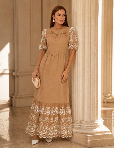 VESTIDO BARRADO BORADADO EVE BEGE