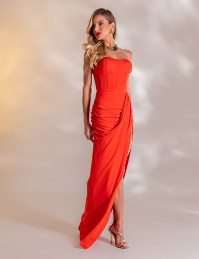 Vestido Longo Drapeado Gérbera Laranja