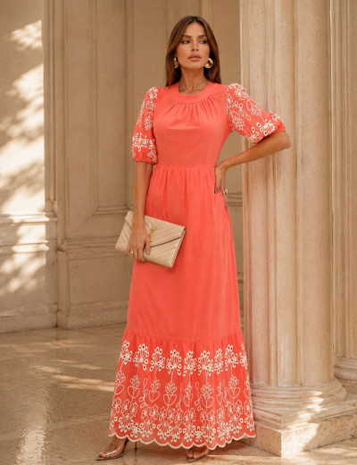 VESTIDO BARRADO BORADADO EVE LARANJA