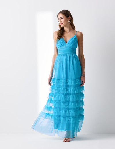 Vestido Tule Babados Cecilia Azul