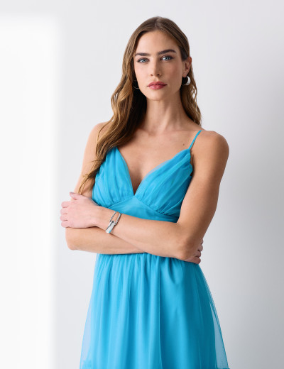 Vestido Tule Babados Cecilia Azul