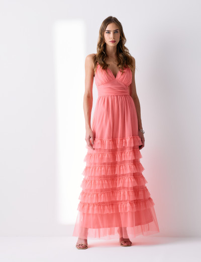 Vestido Tule Babados Cecilia Coral