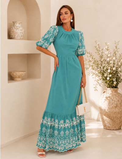 VESTIDO BARRADO BORADADO EVE TURQUESA