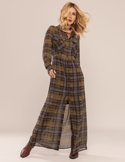 VESTIDO LONGO XADREZ SORA MARROM