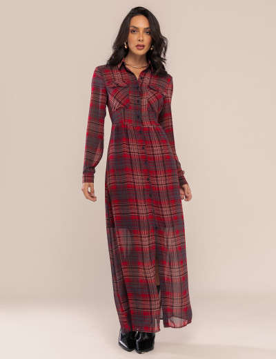 VESTIDO LONGO XADREZ SORA VINHO